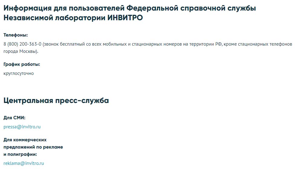 Контакты Инвитро