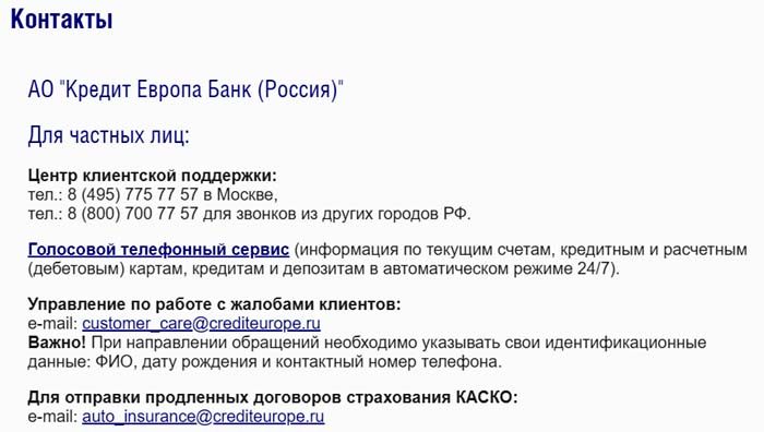 Контакты Кредит Европа Банка