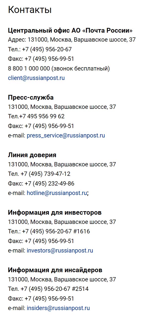Контакты Почты России