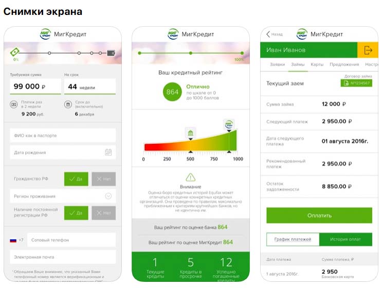 Приложение Миг Кредит, снимки экрана
